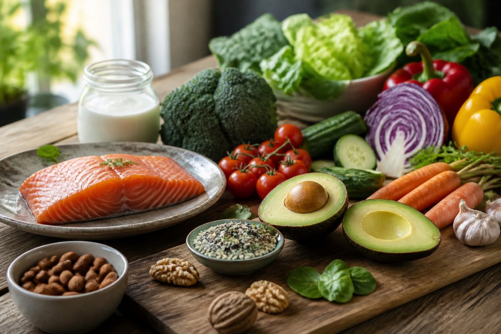 Verse groenten, zalm, avocado en kefir op een houten tafel helpen bij het darmflora herstellen met gezonde voeding.
