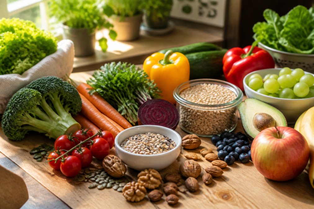 Kleurrijk assortiment verse groenten en granen voor wie de darmflora herstellen na antibiotica wil ondersteunen.