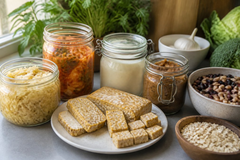 Glazen potjes met gefermenteerde voeding zoals zuurkool en kimchi om de darmflora te herstellen na antibiotica op een