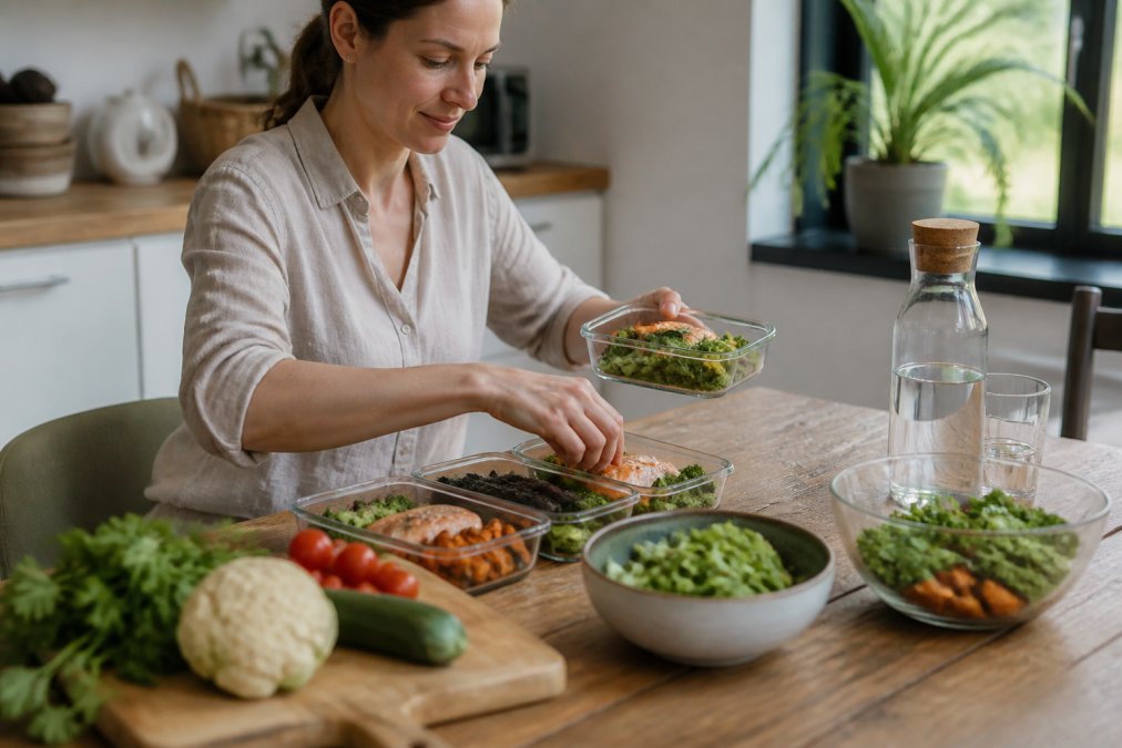 Gezonde maaltijden met groenten en vis voor een betere darmgezondheid en stressvermindering klaar in een keuken.