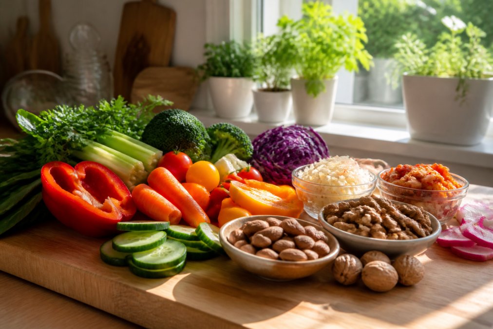 Kleurrijk assortiment groenten en gefermenteerde voeding op een houten plank om de darmgezondheid te verbeteren.