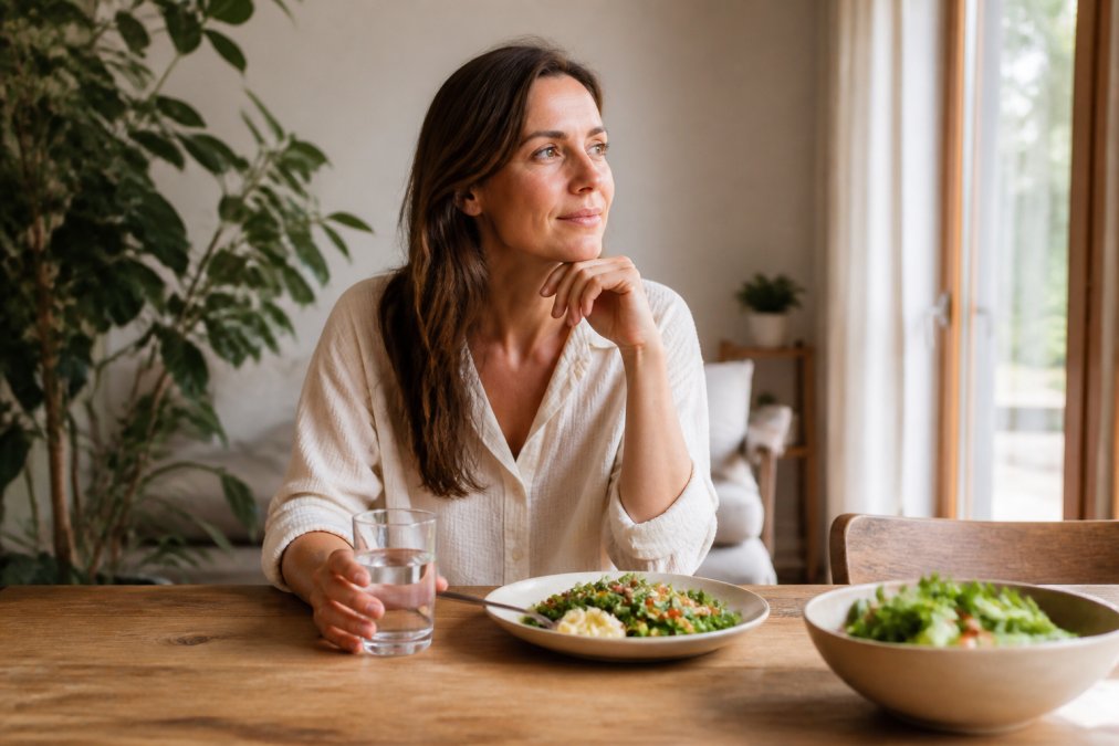 Vrouw zit ontspannen aan een houten tafel met een glas water om haar darmgezondheid verbeteren door rust en hydratatie.