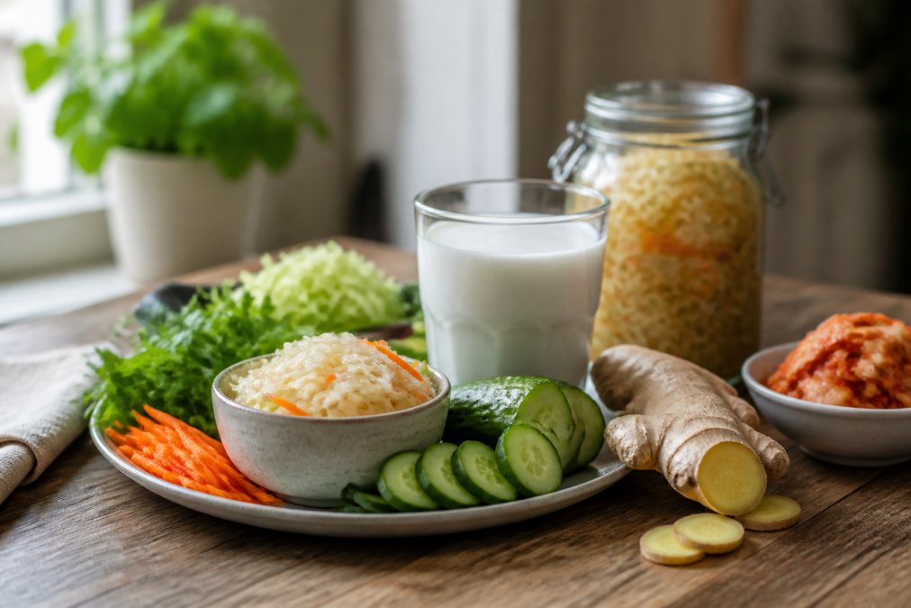 Bord met gezonde voeding zoals kefir en gember om de darmgezondheid te verbeteren bij een opgeblazen gevoel op een houten