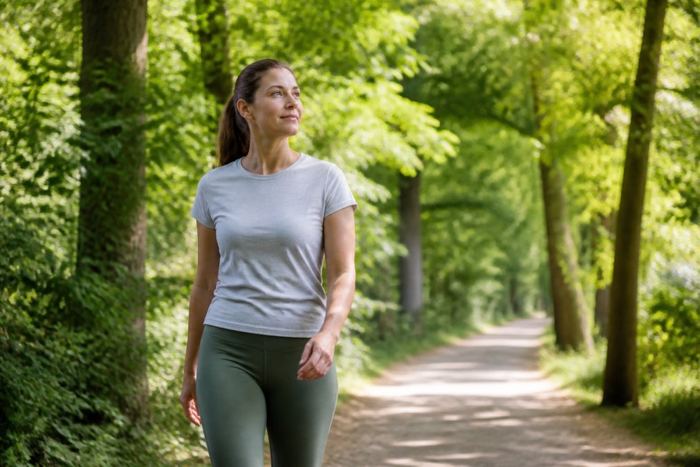 Ontspannen vrouw wandelt in een groen park om darmgezondheid verbeteren bij opgeblazen gevoel te ondersteunen met beweging.