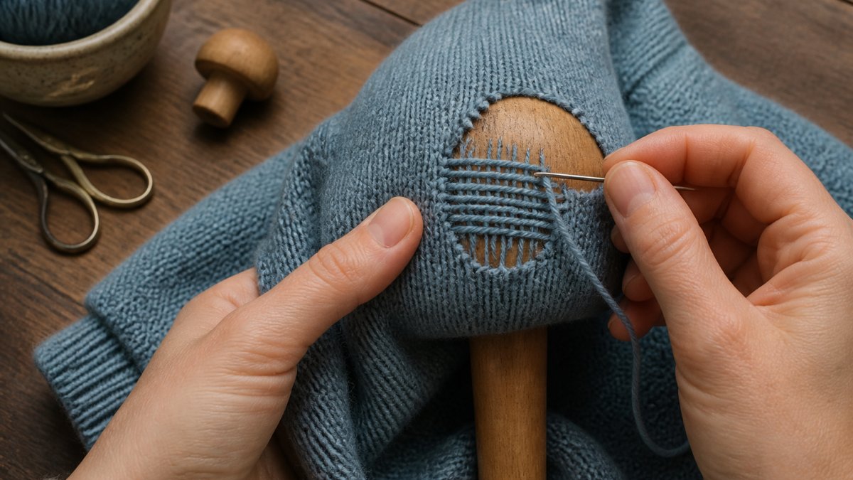 Close-up of hands using a darning needle and yarn to weave a patch over a hole in a knitted sweater, with a wooden darning mushroom underneath the fabric, on a wooden table with sewing tools nearby