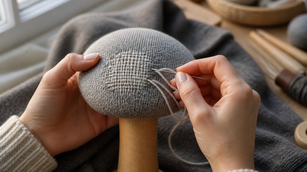 Close-up of hands threading a darning needle through wool sweater stretched over a wooden darning mushroom, showing the weaving technique in progress with natural window lighting