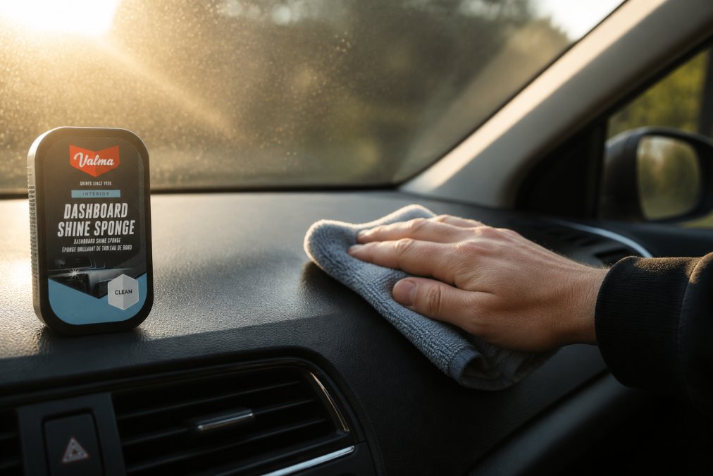 Close-up van handen die voorzichtig een microvezeldoek over het dashboard bewegen, waarbij stofdeeltjes zichtbaar zijn in het ochtendlicht dat door het autoraam schijnt