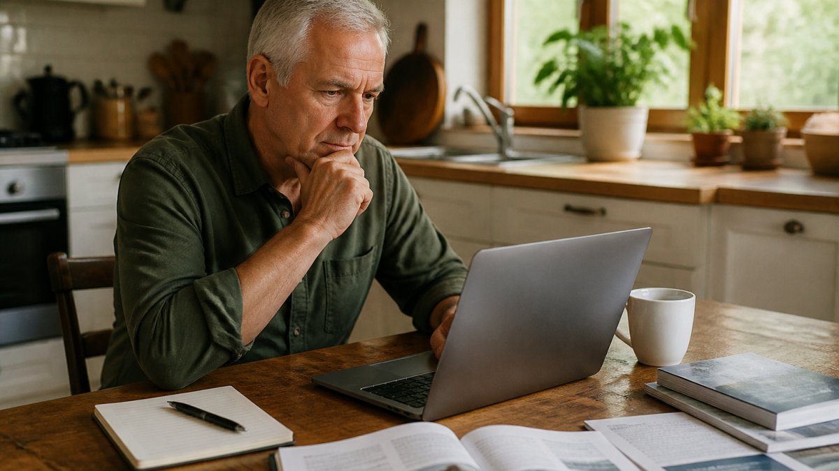 A retiree sitting at a kitchen table with a laptop, notebook, and coffee, reviewing an online course page with a thoughtful expression
