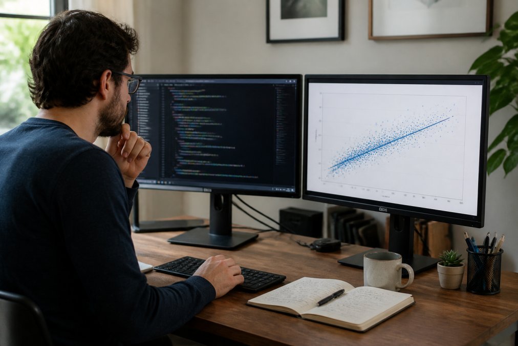 Data analyst workstation displaying Python code and a regression plot to support a successful data analyst pivot.