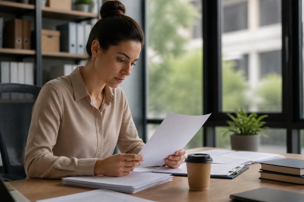 Professional reviewing personal information on a computer screen with documents and coffee on desk in modern office setting