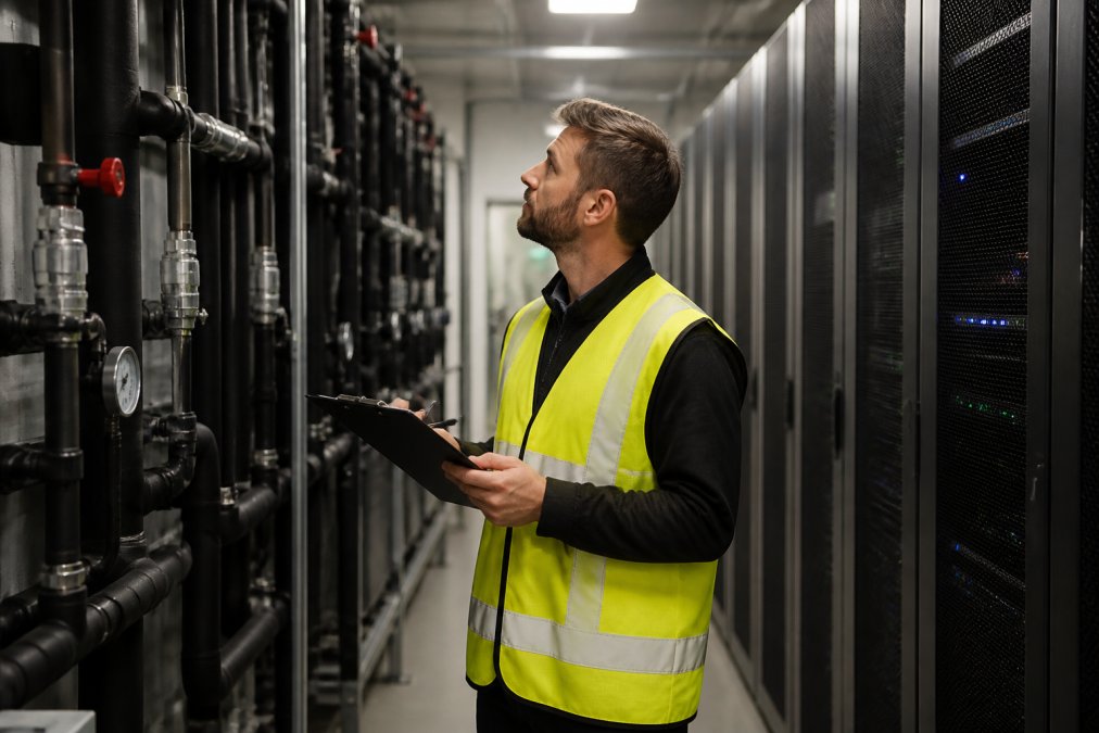 Facility manager inspecting data center pipes to evaluate cooling upgrade cost requirements