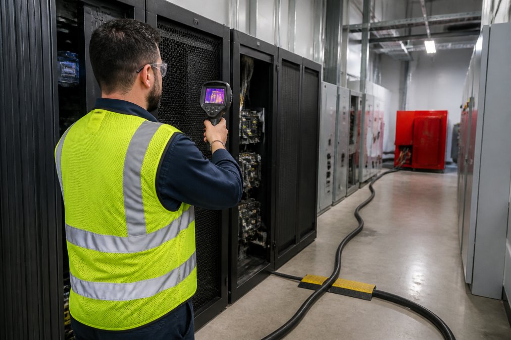 Commissioning engineer using a thermal camera to inspect data center UPS cabinets and switchgear power components