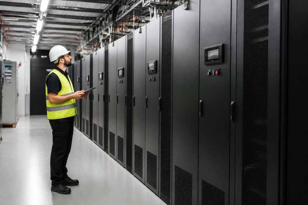 A technician in a hard hat and safety vest inspecting a row of large modular UPS cabinets in a brightly lit data center hall, holding a tablet with monitoring software