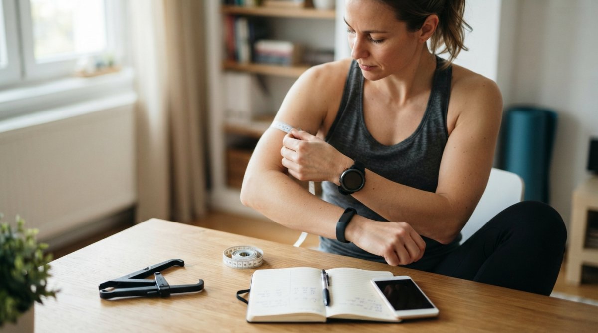 Person wearing a fitness tracker and smart watch while taking body measurements with a tape measure at home