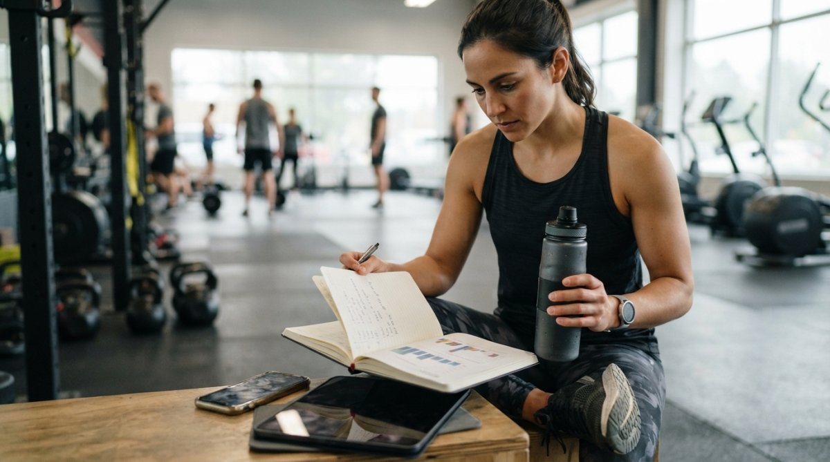 Athlete reviewing fitness data on a smartphone and tablet while holding a water bottle and wearing workout gear