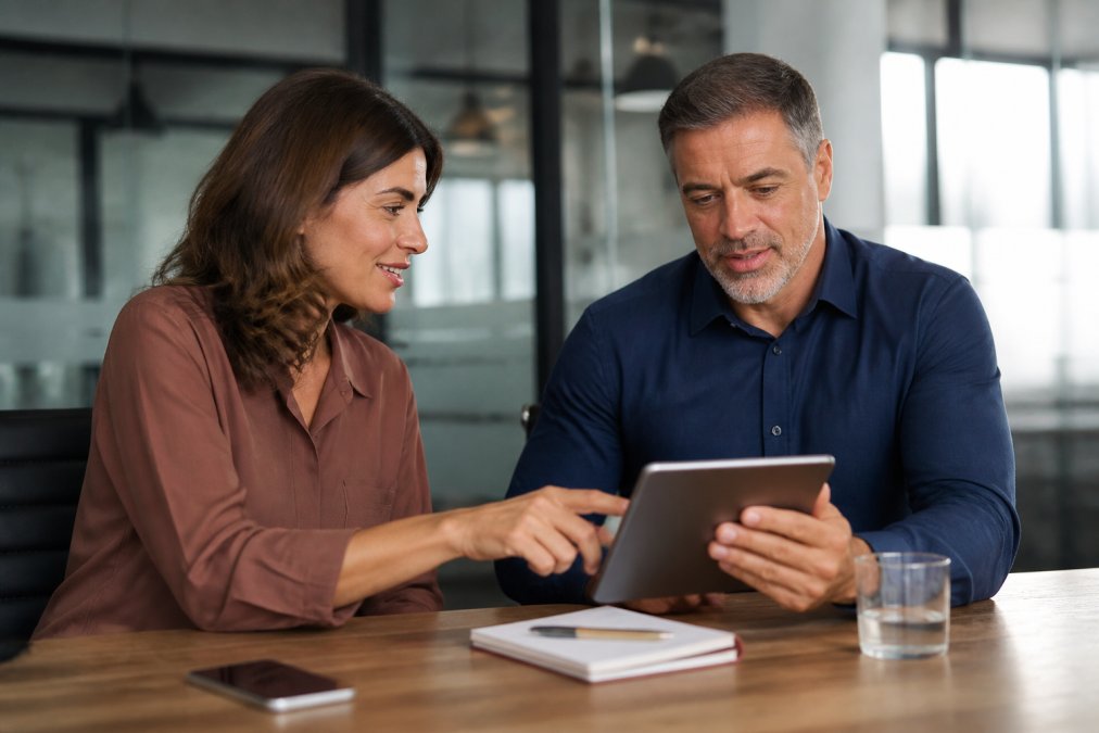 HR manager and sales team lead reviewing assessment results together on tablet in modern office conference room with natural lighting