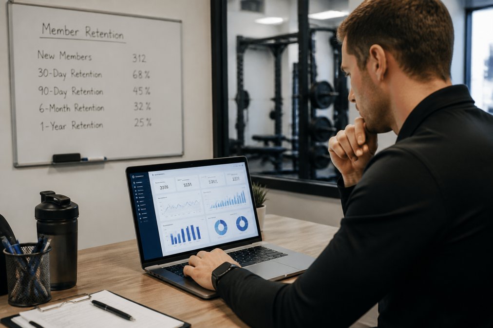 A fitness studio manager reviewing a KPI dashboard on a laptop screen in a modern gym office, with a whiteboard showing member retention metrics in the background