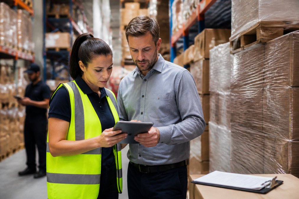 Operations manager and warehouse staff reviewing data driven inventory on a tablet beside stacked pallets
