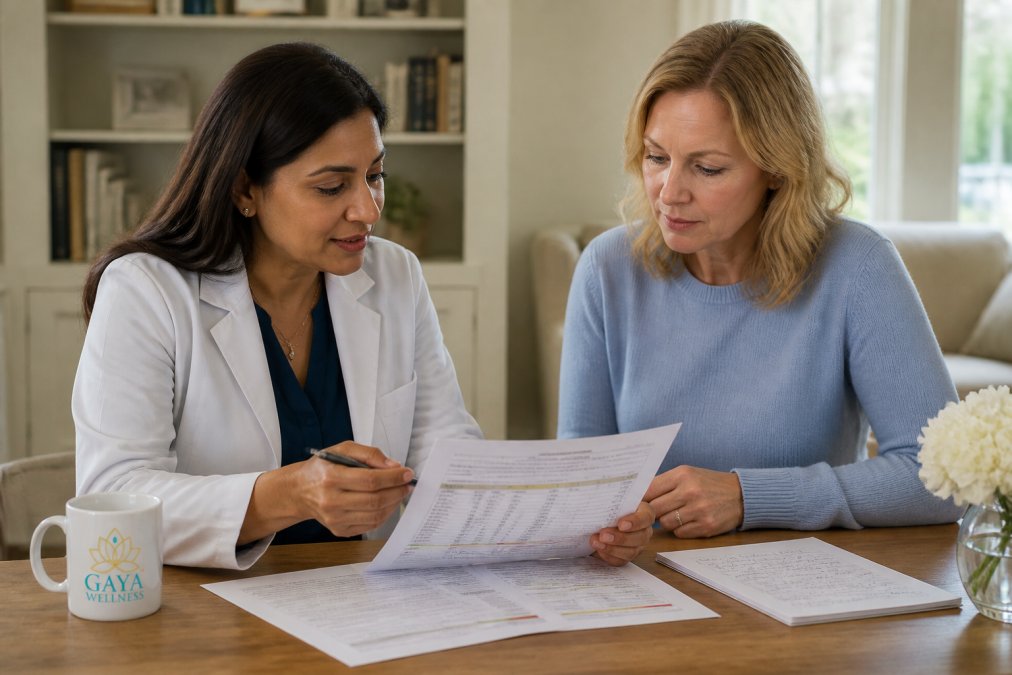 Healthcare provider reviewing detailed hormone lab panels and test results with a patient during a virtual consultation, both examining printed reports with annotations and clinical notes on a desk