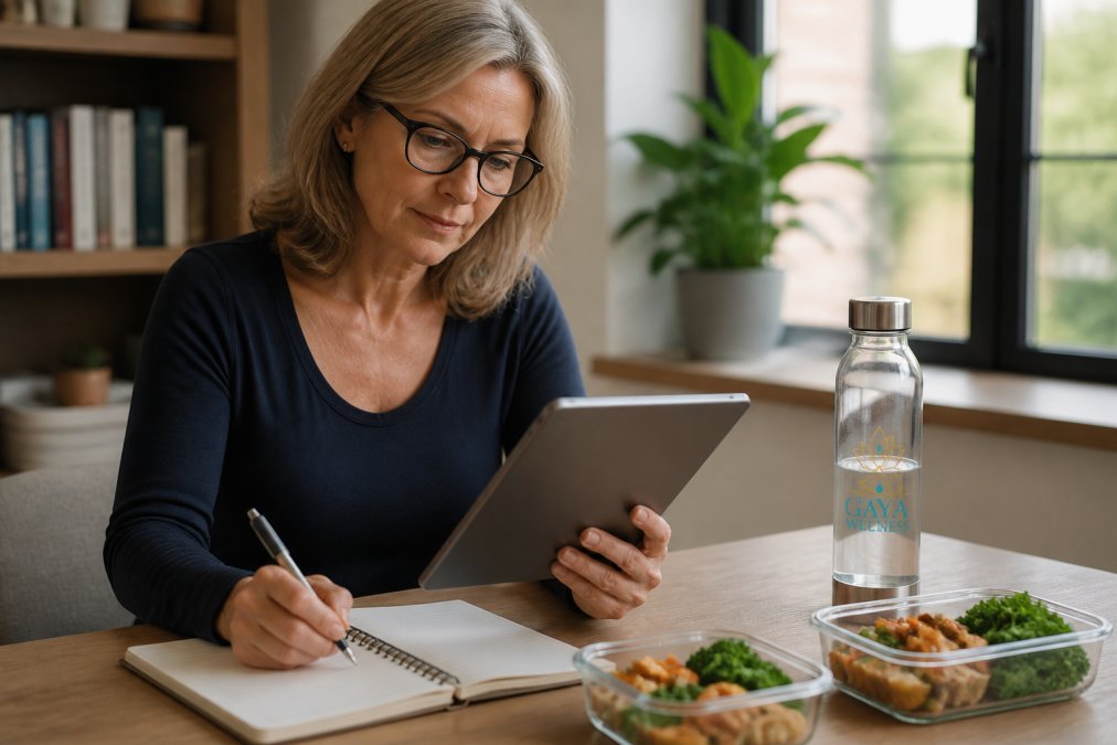 Woman in her 50s reviewing personalized health metrics and biometric data on a tablet while journaling, with a water bottle and prepared healthy meals visible on the desk nearby, natural light from a window