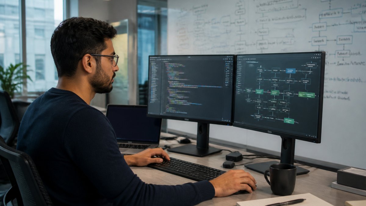 A data engineer working at a dual-monitor setup in a modern office, reviewing pipeline dashboards and code, with a whiteboard covered in system architecture diagrams in the background