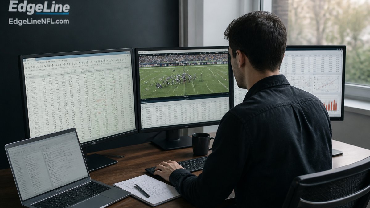 Sports analyst organizing NFL statistics on computer screen with spreadsheet data, game footage, and performance charts visible on multiple monitors in modern office setting