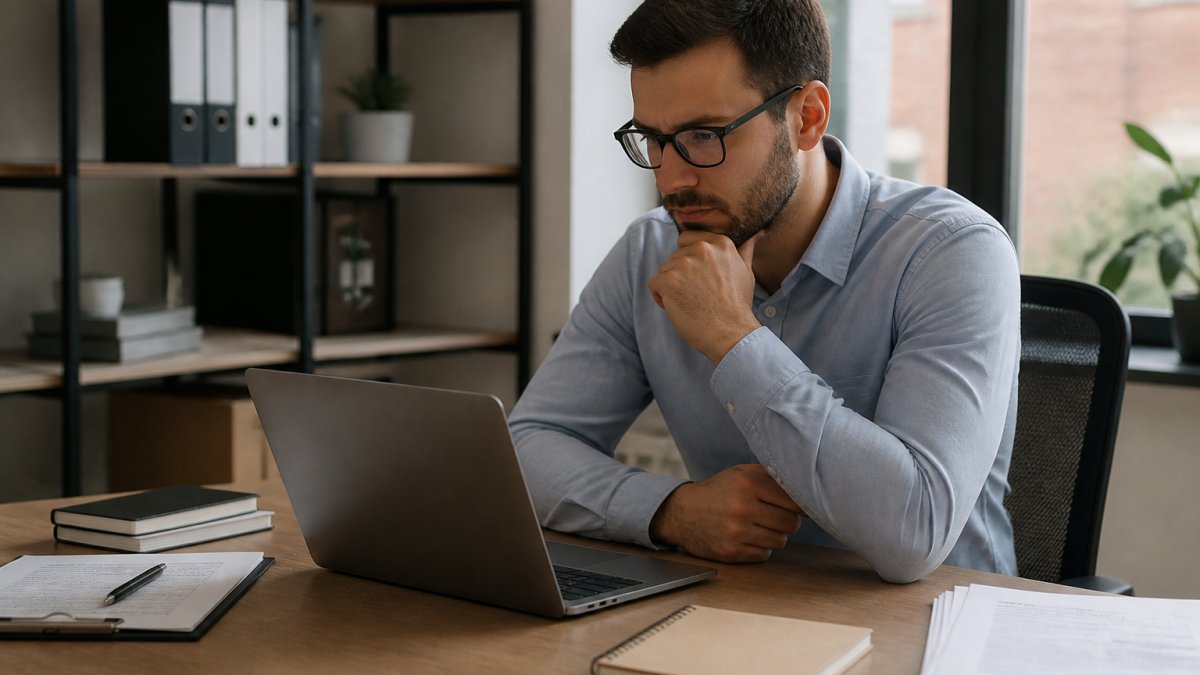 Professional reviewing a data privacy checklist on a laptop at a desk with office documents and a notepad