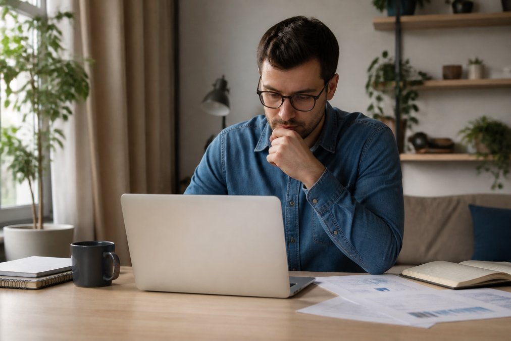 Remote worker at home desk with laptop and documents, focused on screen in well-lit home office environment