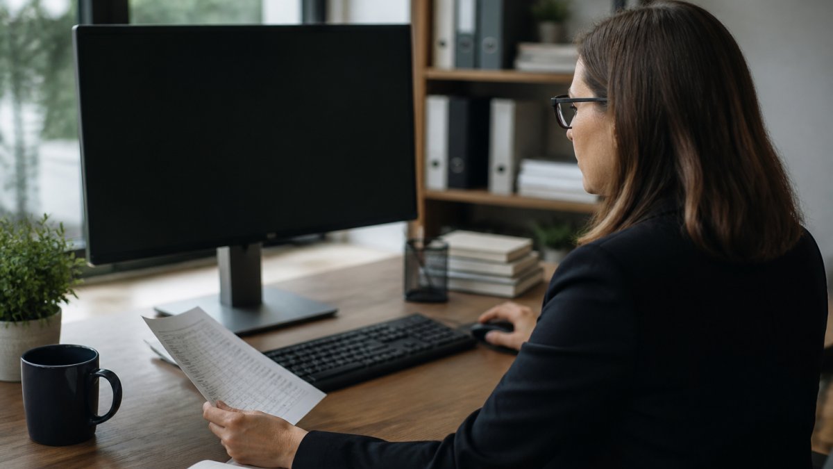 Marketing professional at desk reviewing customer data on computer screen with secure lock icon visible, representing responsible data handling in modern office setting