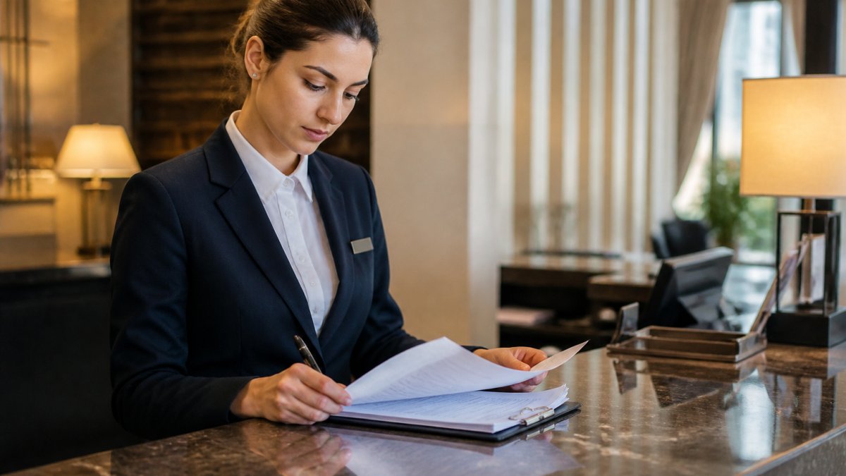 Professional demonstrating impact of data privacy laws on hotel operations technique in modern clinical setting with natural lighting