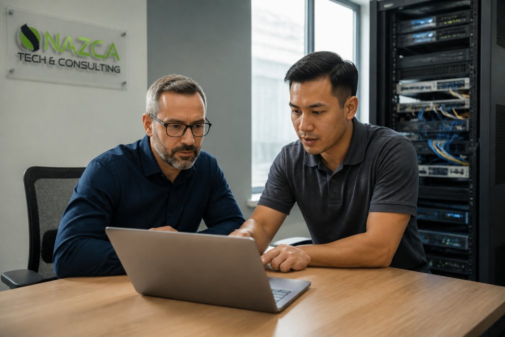 A small business owner and an IT technician reviewing security settings on a laptop in a bright office, with a server rack visible in the background