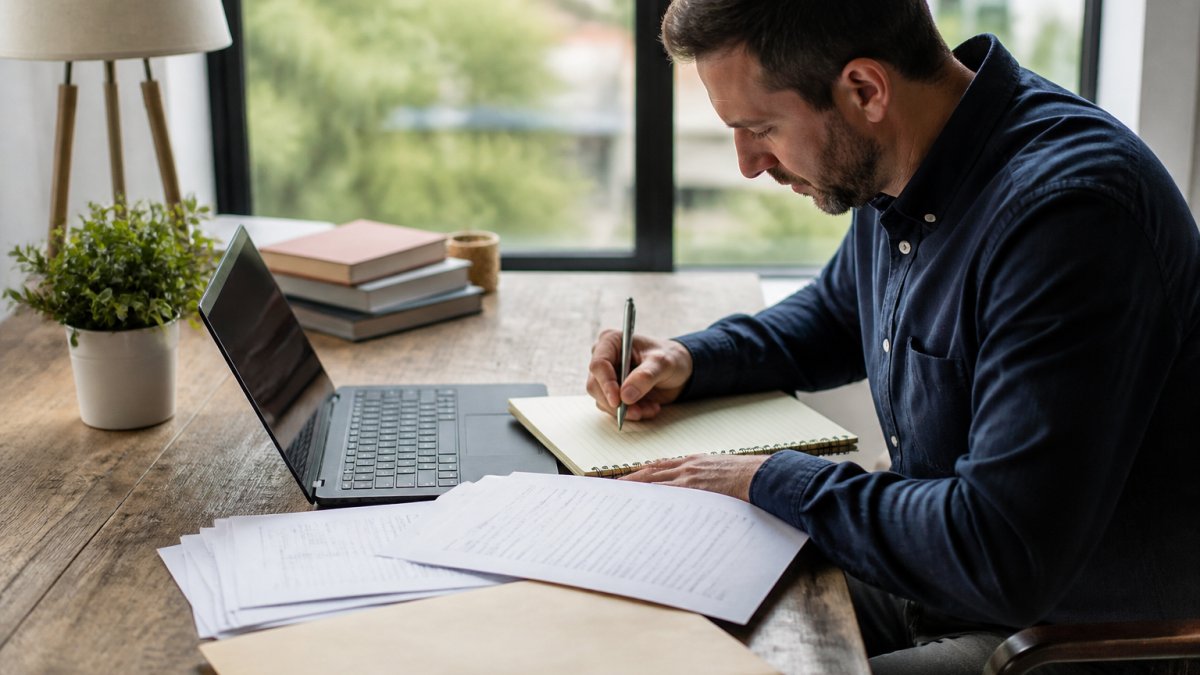 Professional sitting at desk with laptop and notepad, reviewing multiple data broker websites and taking notes while documenting personal information listings
