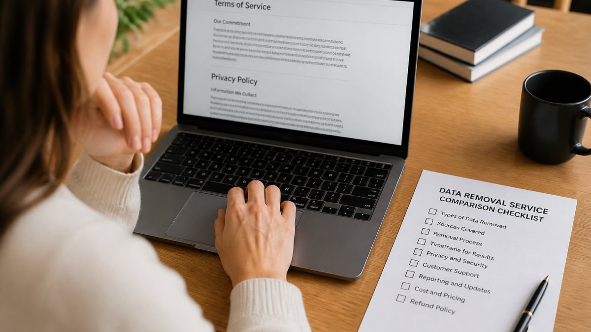 Person reviewing a service's terms and privacy policy on a laptop, with a printed checklist of comparison questions beside the keyboard