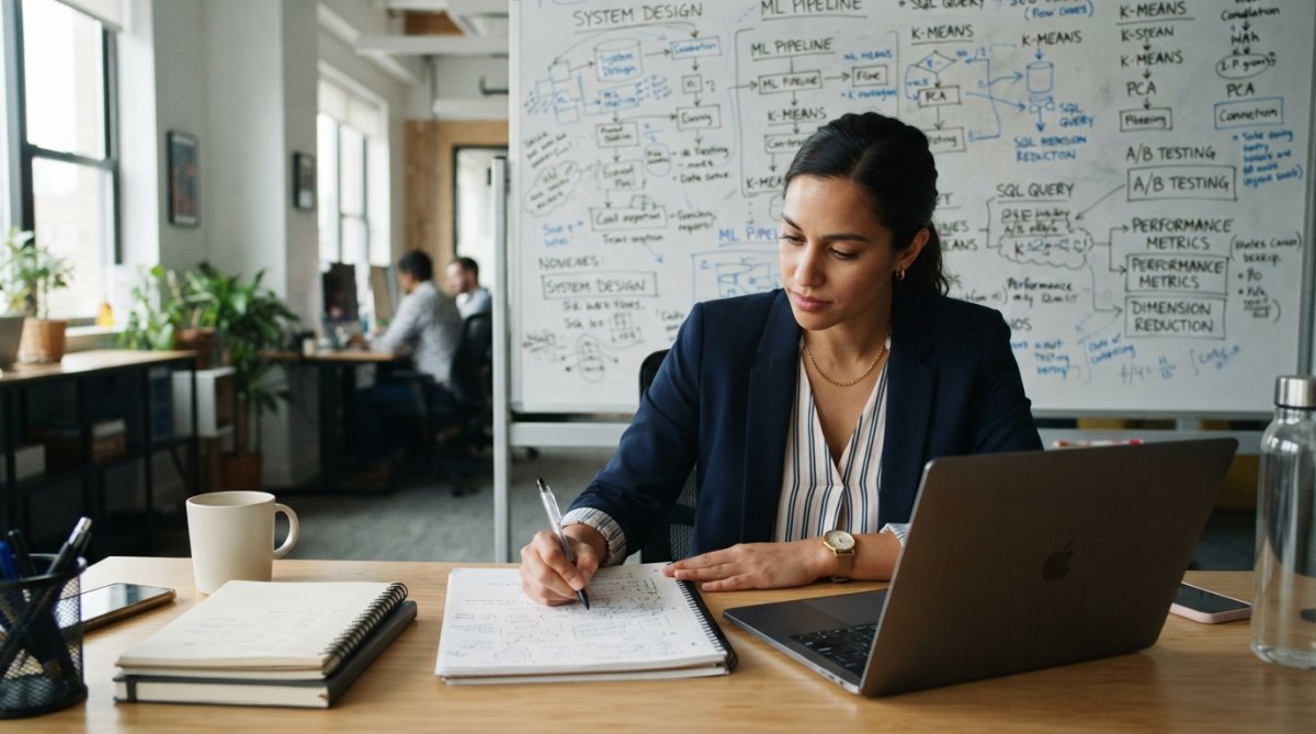 A data science candidate in business casual attire reviewing notes on a laptop at a clean desk, with a whiteboard covered in technical diagrams in the background