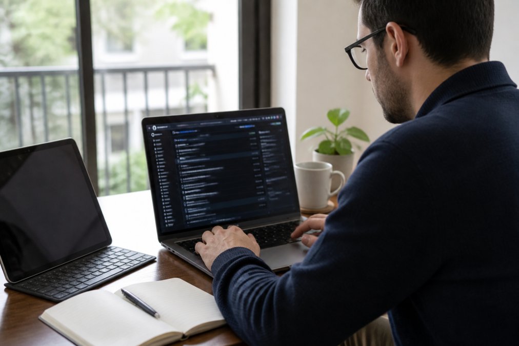 Data scientist reviewing a GitHub portfolio on a laptop to enhance a data science resume while working at a desk.
