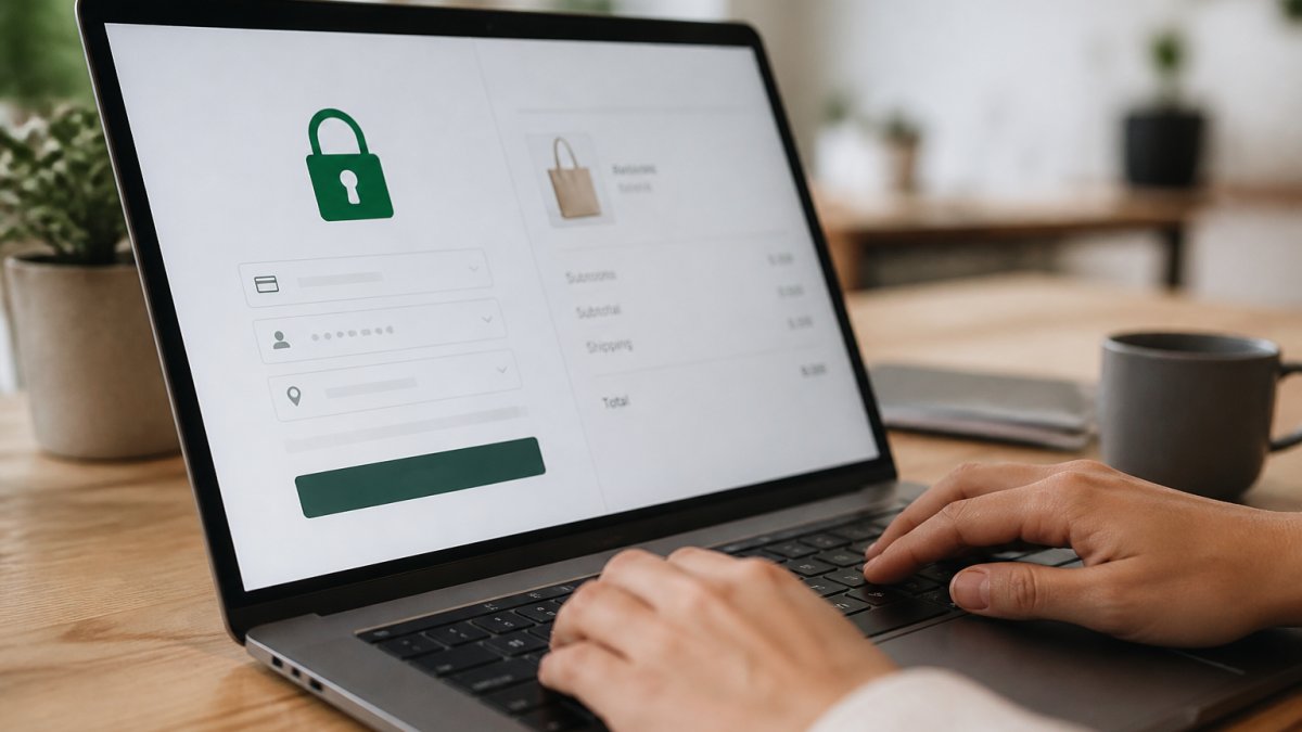 Hands typing on a laptop displaying a secure checkout page with a padlock icon to symbolize protected transactions