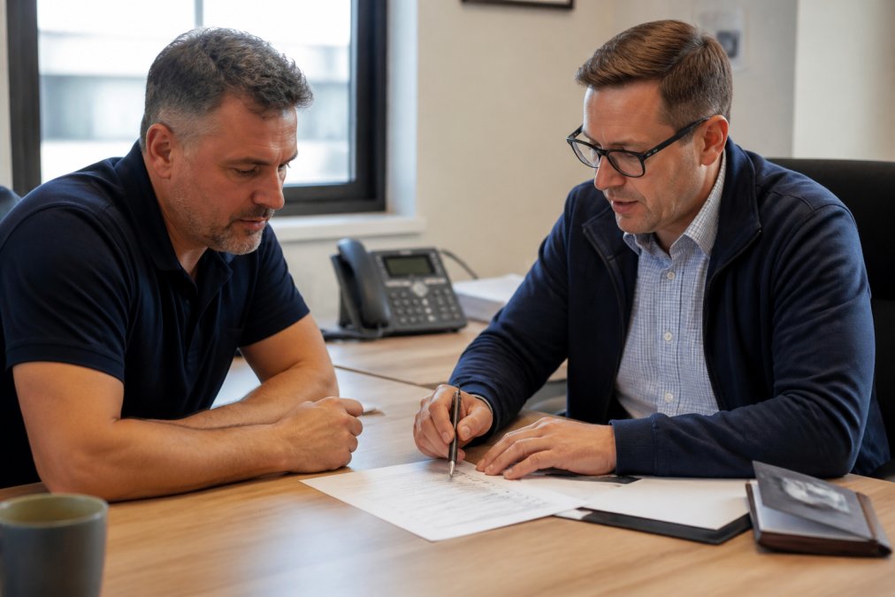 A trade business owner and an IT consultant reviewing a security checklist on a laptop in a small Hamilton office, phone system visible in the background