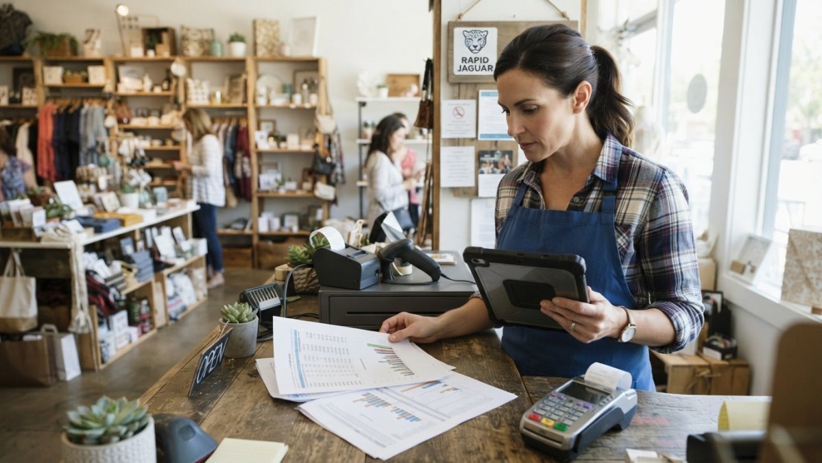 Retail manager reviewing sales reports on a tablet with a data warehouse for retail pos system at the counter