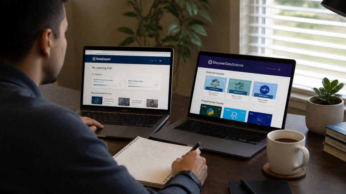 A data professional at a desk with two laptop screens showing course dashboards, notebook and coffee nearby, bright home office