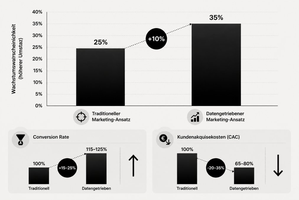 Bar chart comparing revenue growth outcomes: Companies with data-driven approach showing 10% higher growth probability vs. traditional marketing approach, with additional metrics showing conversion rate improvements of 15-25% and customer acquisition cost reductions of 20-35%