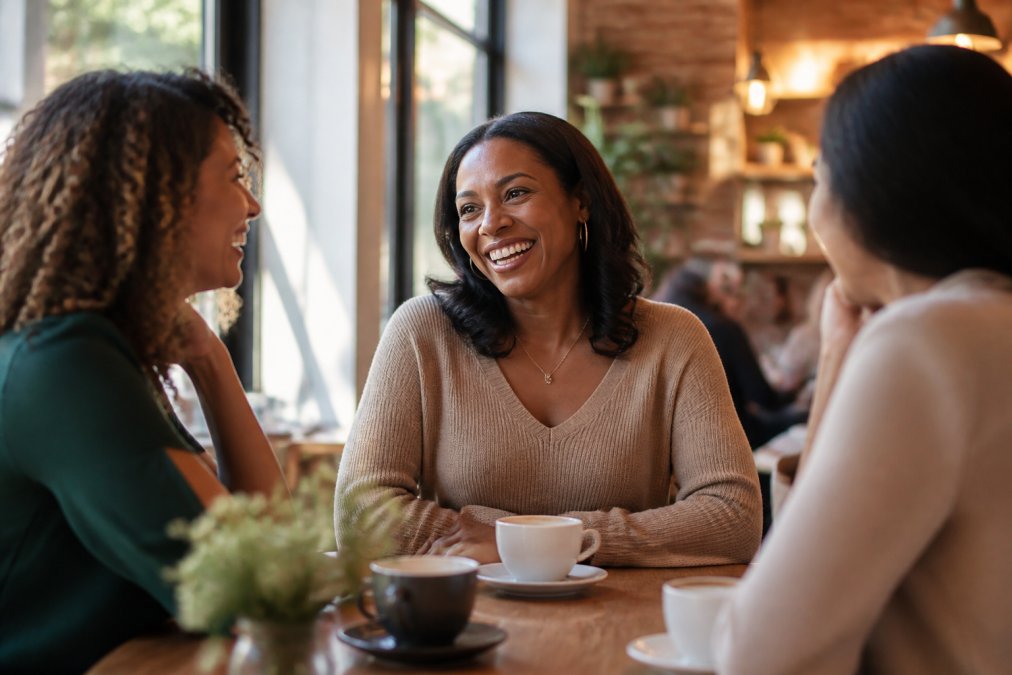 A woman smiling and chatting with friends in a sunny coffee shop while seeking dating advice for women over 30.