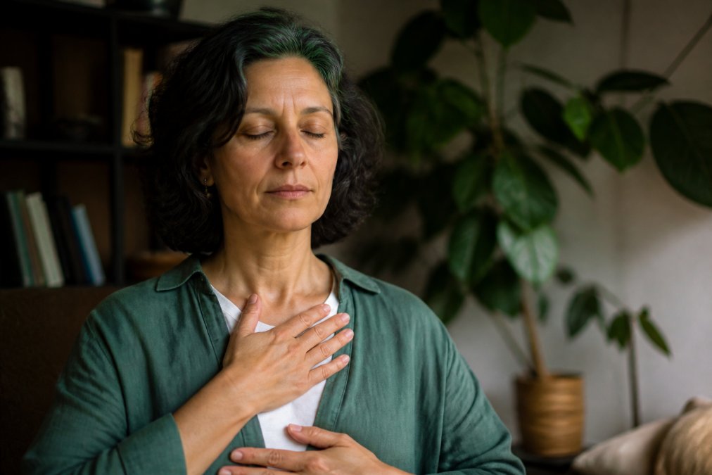 Person sitting peacefully with eyes closed in a comfortable, well-lit space, hands resting on their chest, conveying body awareness and calm reconnection
