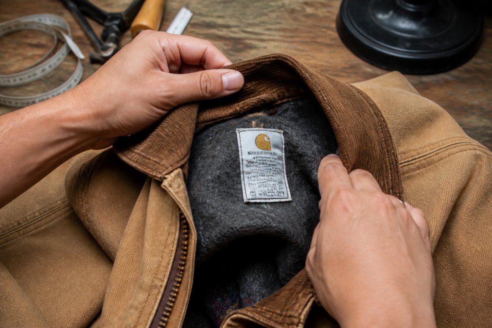 Close-up of hands holding a vintage Carhartt duck canvas jacket, pulling back the collar to reveal the interior woven tag with visible style numbers and care symbols