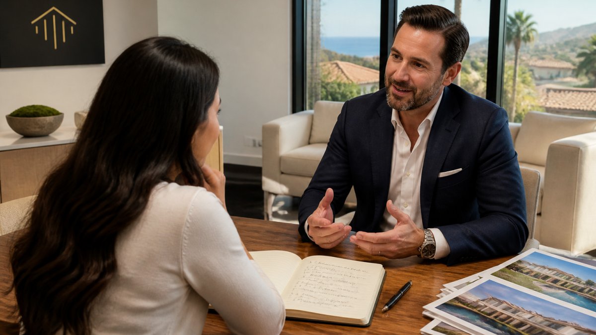 Homebuyer consulting with a real estate agent about purchasing luxury homes in a bright office setting.