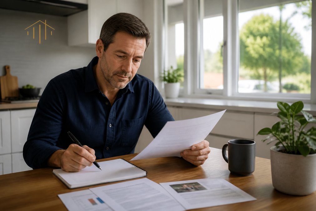 Homeowner sitting at a kitchen table with a notepad and pen, reviewing documents and notes while preparing interview questions, with natural light streaming through windows and a cup of coffee nearby