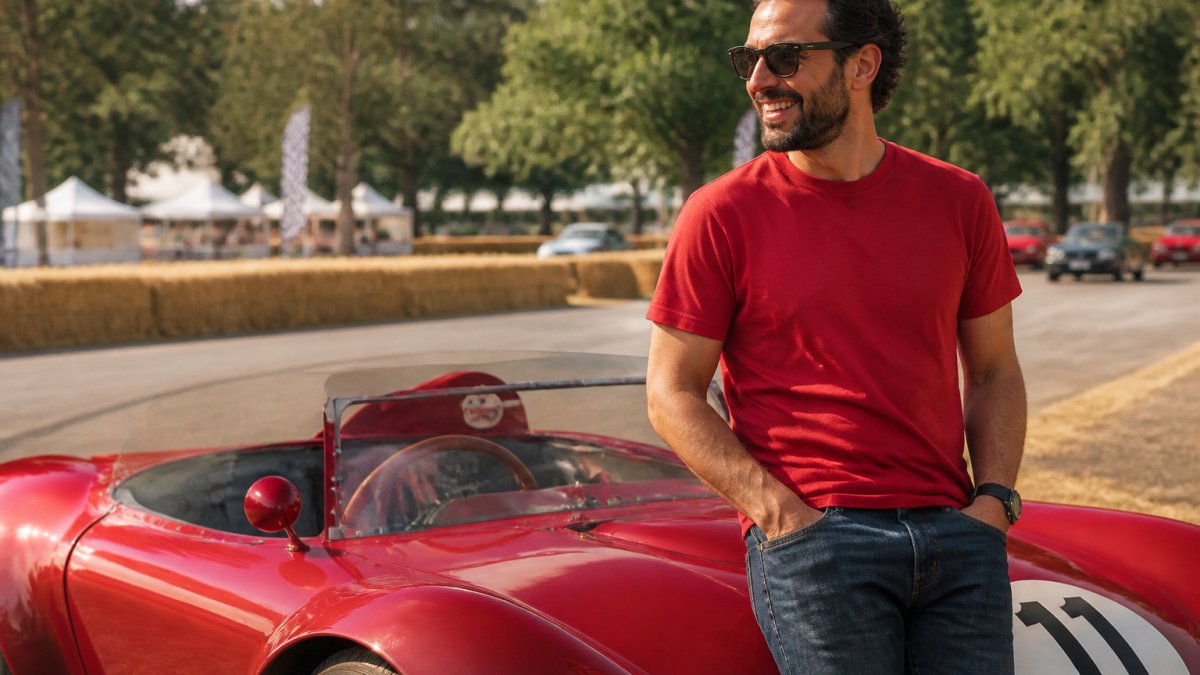 Man in a red graphic t-shirt standing and smiling beside a vintage race car in a sunlit outdoor setting