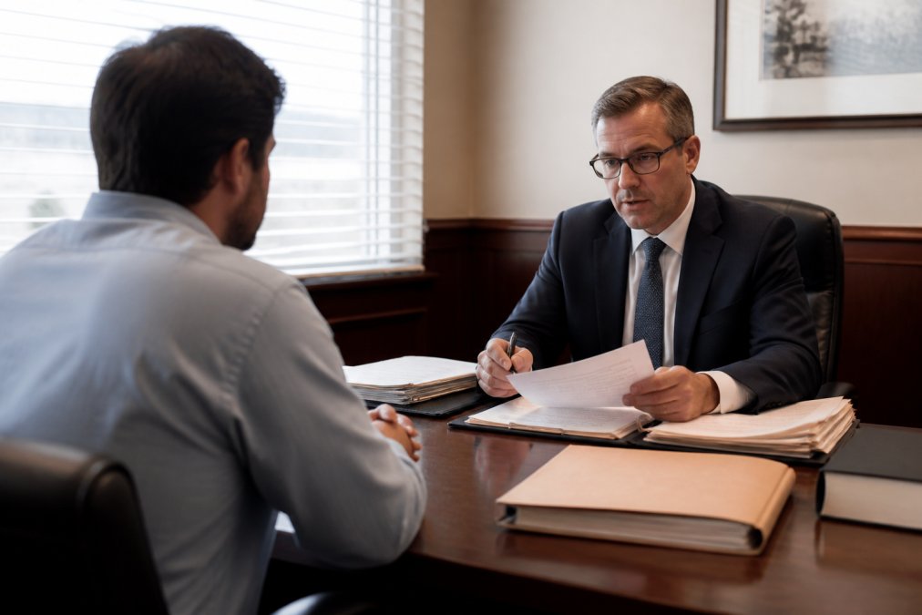 Professional attorney in business attire meeting with a client across a desk in a law office, reviewing documents and case files with natural lighting from office windows