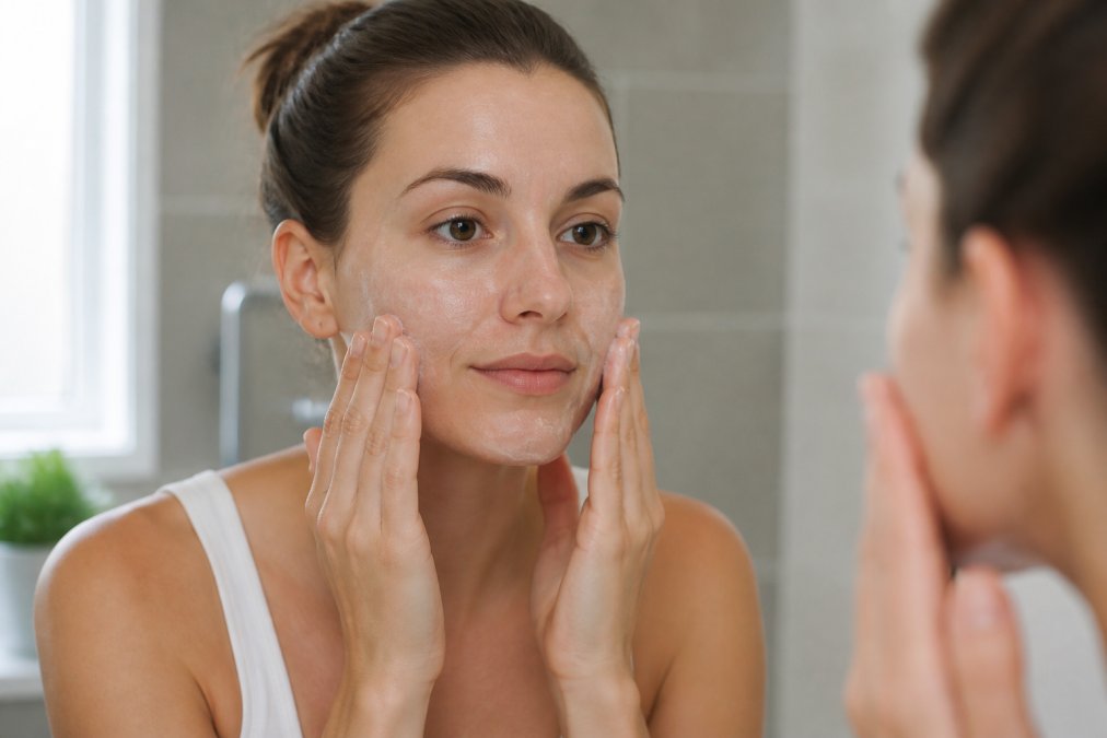 Close-up of a woman's face showing slight tightness and very light flaking around the cheeks, gently patting cleanser onto her skin in a bright bathroom mirror