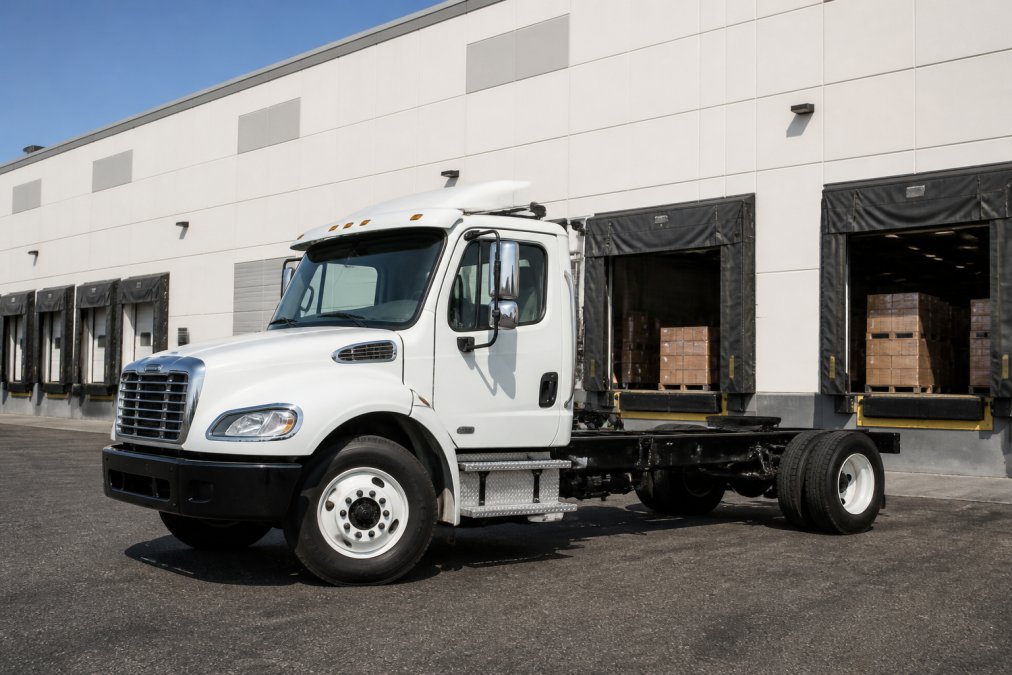 A day cab commercial truck parked at a logistics facility with cargo doors open, showing the compact design and professional industrial setting under daylight