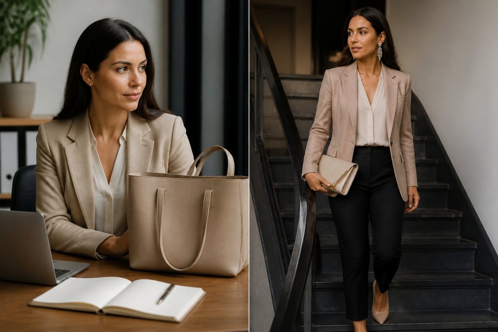 Professional woman at her desk in neutral blazer and simple gold stud earrings holding a structured work tote, then the same blazer styled with statement chandelier earrings, structured evening clutch, and heels visible
